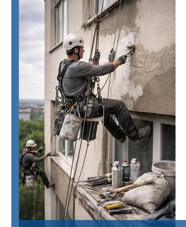 Косметический ремонт фасада зданий в Армавире промышленными альпинистами