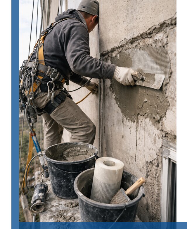 Ремонт бетонных элементов фасада промышленными альпинистами в Армавире