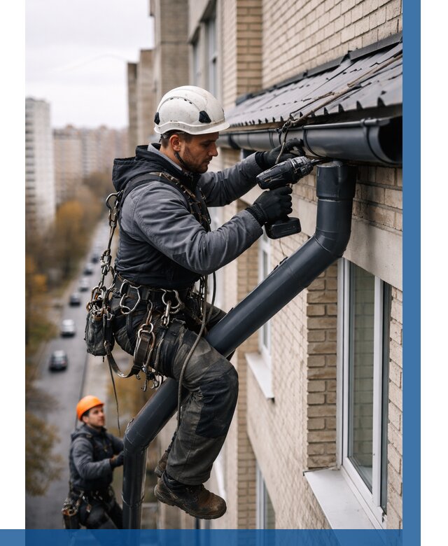 Монтаж водосточной системы на здании в Армавире от 5066 р. | ВЫСОТНИК-Рмв