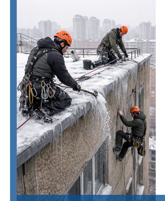 Удаление наледи с кровли в Армавире промышленными альпинистами