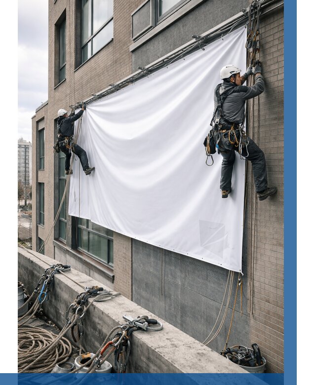 Монтаж баннеров на фасаде в Армавире от 659 р. заказать ВЫСОТНИК-Рмв