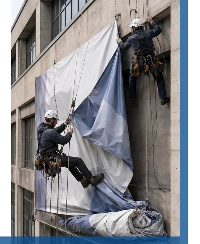 Демонтаж баннеров с фасада в Армавире от 4559 р. | ВЫСОТНИК-Рмв