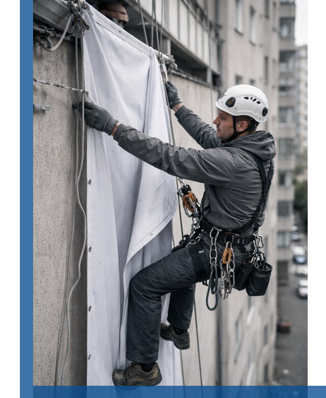 Замена баннерного полотна промышленными альпинистами в Армавире