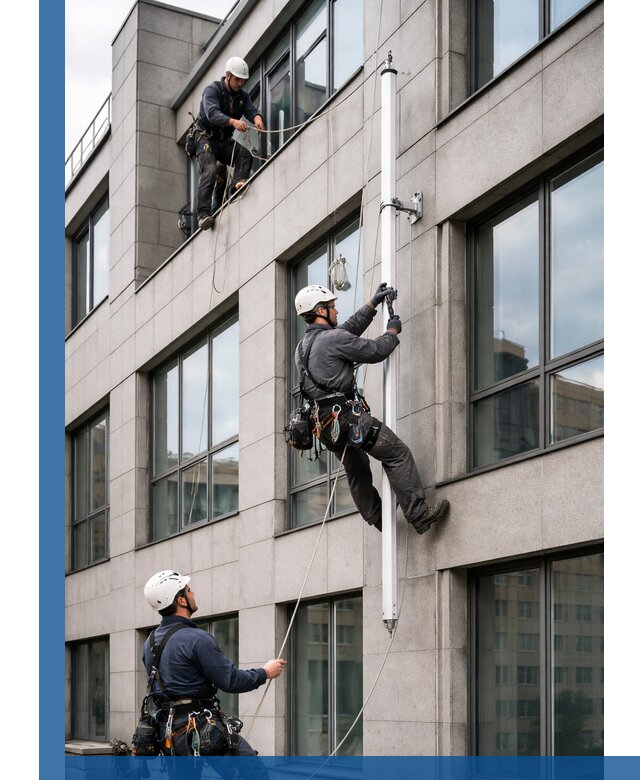 Монтаж флагштока на фасаде здания с креплением и герметикой в Армавире