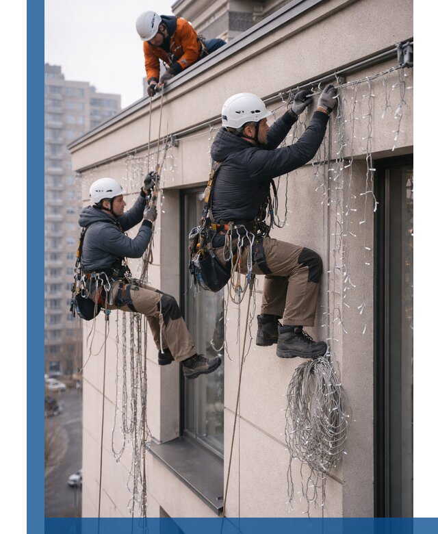 Монтаж праздничных гирлянд на фасаде в Армавире для зданий