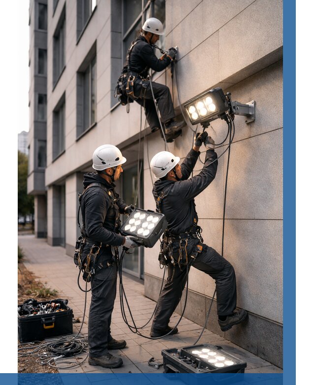 Монтаж прожекторов на фасаде в Армавире от 7598 р. | ВЫСОТНИК-Рмв