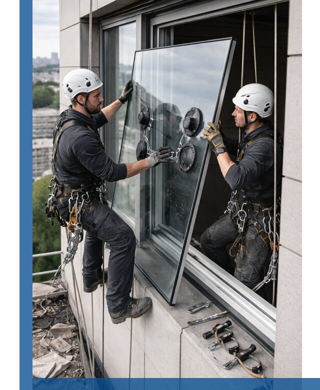 Замена стеклопакетов на высоте с промышленными альпинистами в Армавире
