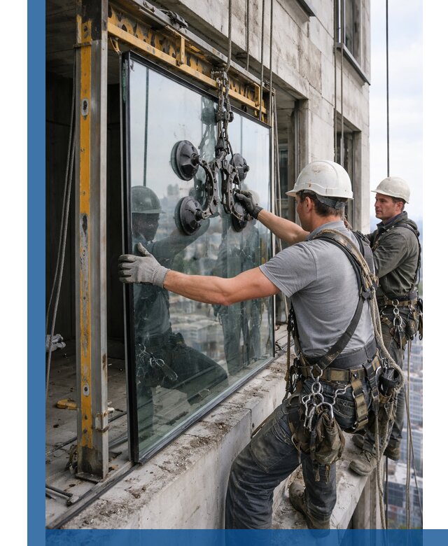 Монтаж стеклопакетов на высоте в Армавире с промышленным альпинизмом