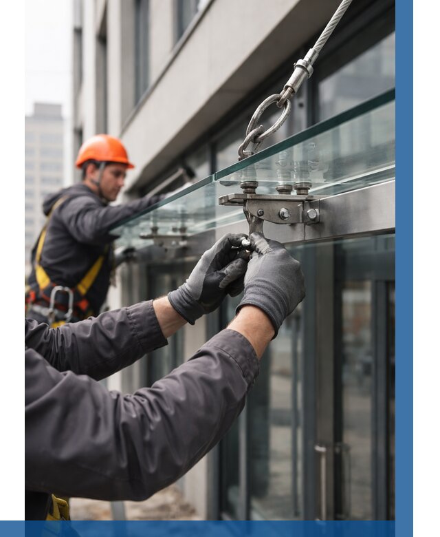 Монтаж стеклянных козырьков в Армавире от 8611 р. | ВЫСОТНИК-Рмв