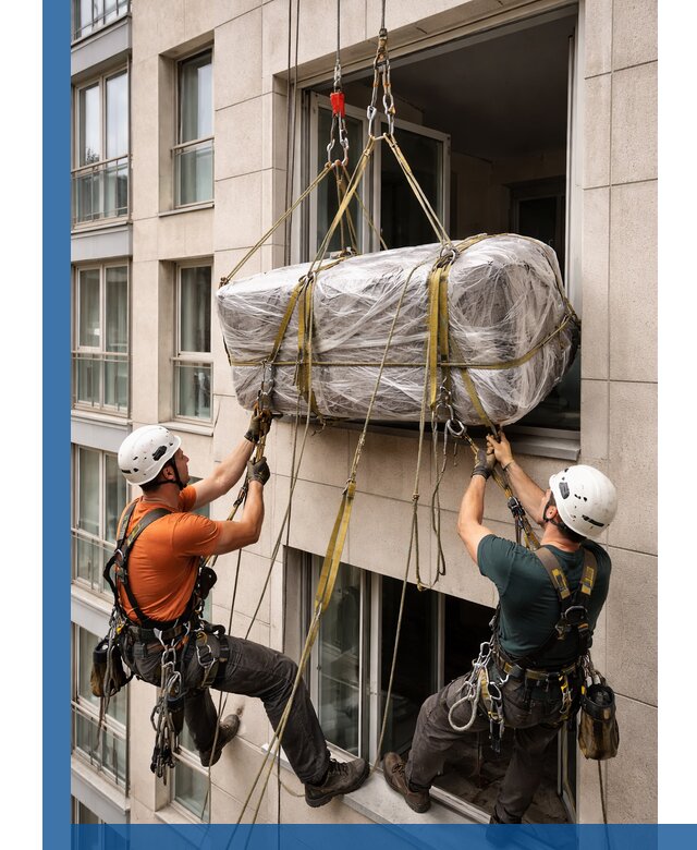 Подъем грузов через окно в Армавире промышленными альпинистами