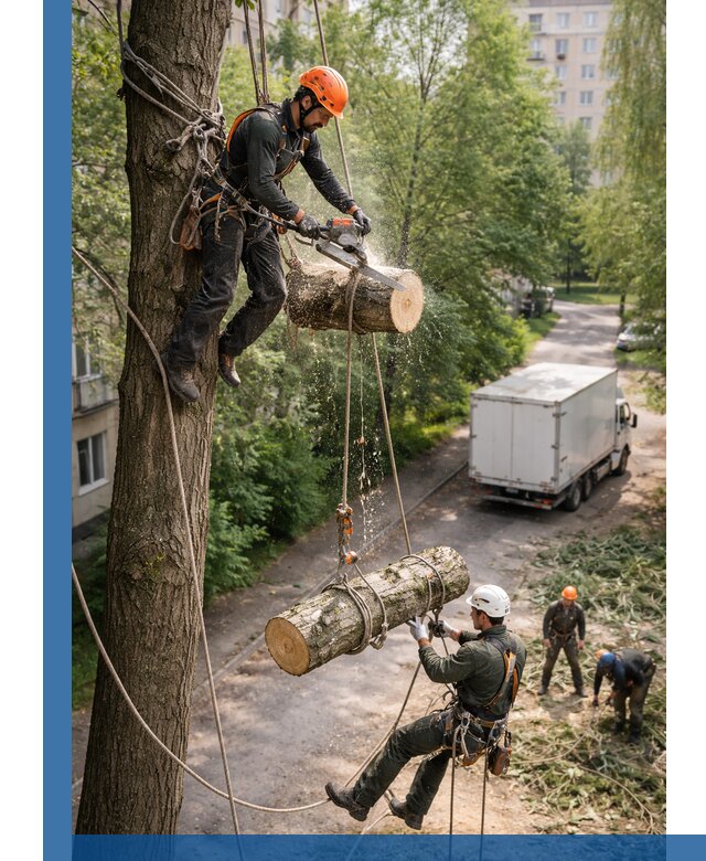 Спил деревьев альпинистами в Армавире, безопасно и без повреждений